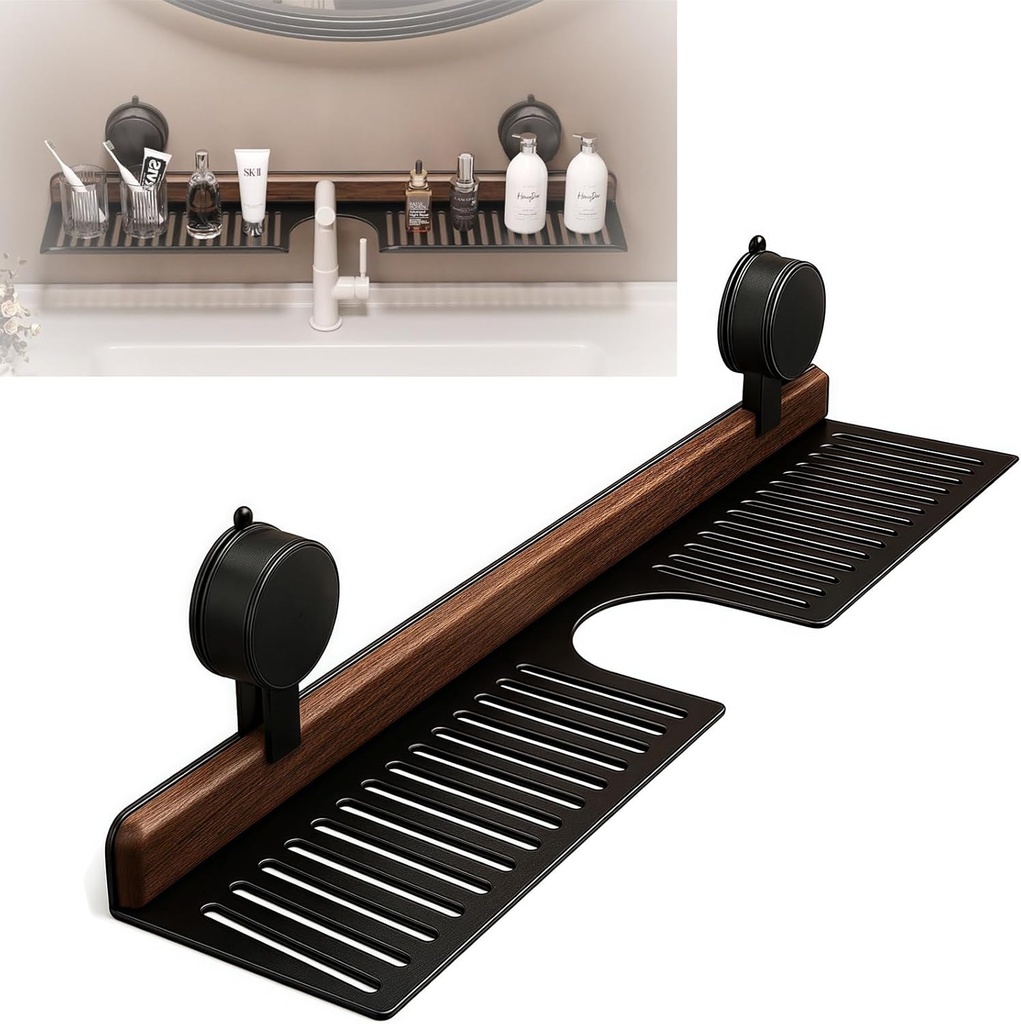 Walnut Suction Cup Bathroom Shelf, Suction Cup Bathroom Sink Shelf Over Faucet, Suctions Organizer Rack for Bathrooms Faucet, Removable Sink Faucets Organizers (Black, 15.8 in)