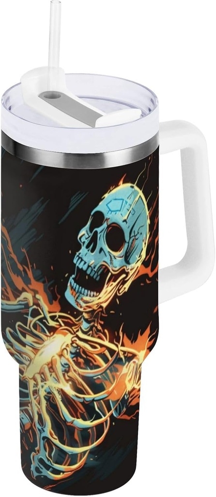 40 oz Tumbler With Handle and Straw Lid, Stainless Steel Vacuum Insulated Tumbler for Water, Iced Tea or Coffee, Easy to Clean (Fire Skull)