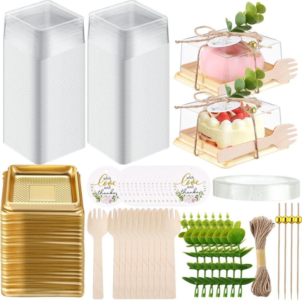 Honeydak Clear Cake Containers with Lids Wedding Cake Pans Cupcake Container Muffins Box Cocktail Picks Appetizer Thanks Tags Eucalyptus Leaves for Wedding Birthday Dessert Display(100 Sets)