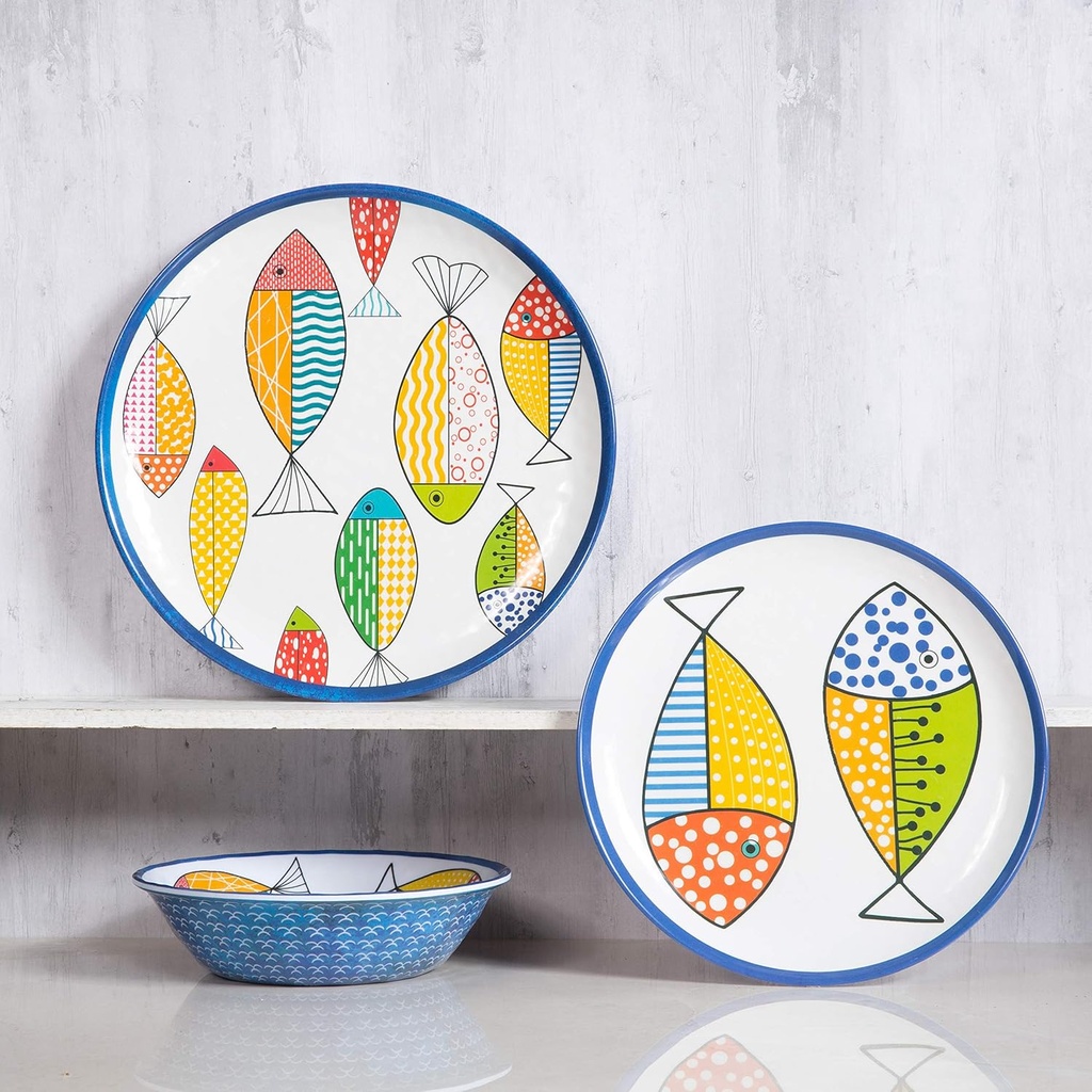 Melamine Dinnerware set for 4, Plates and Bowls Sets, Great for Camper, RV, Indoors Outdoors Use with Ocean Printed, Unbreakable