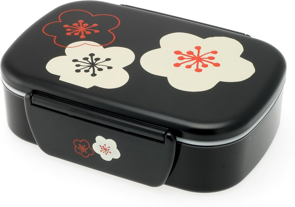 Kotobuki 2-Tiered Bento Box, Black with Flower Blossoms and Snap Lid