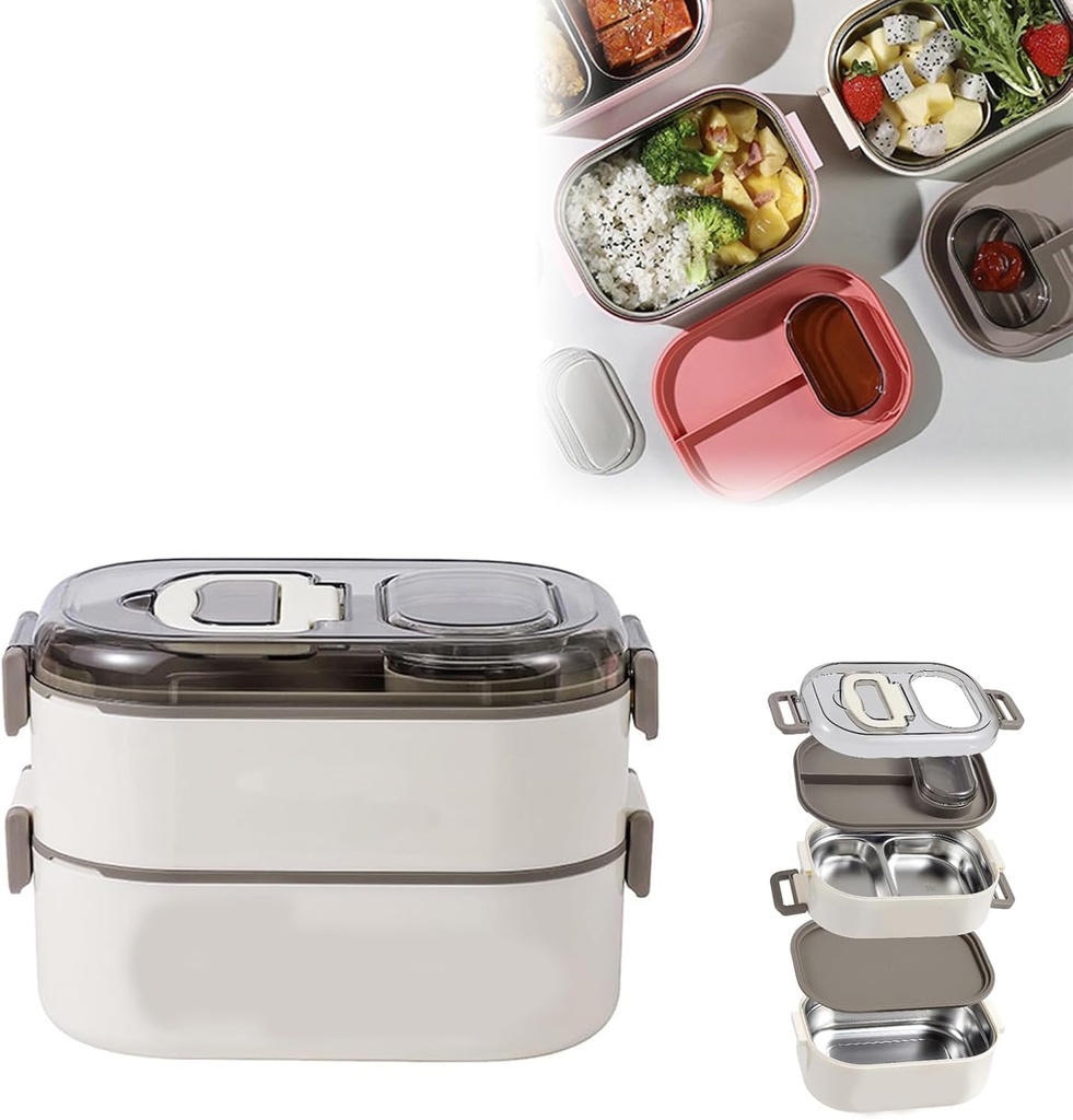 Stackable Double-Layer Bento Box | 304 Stainless Steel Compartments with Secure Side Buckles & Leak-Proof Small Sauce Container (White)