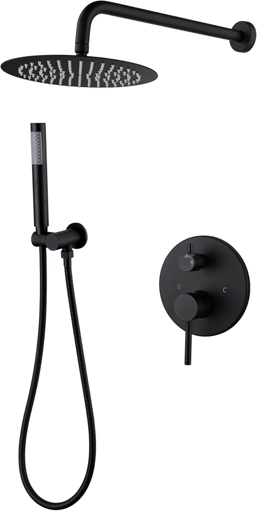 WELLFOR 10-In Wall Mounted Shower Faucet Set, Dual Head Built-In Shower Faucet System, 2-way Diverter, 1.5 GPM, Rainfall Shower and Handheld Spray with Pressure-balanced Brass Valve, Matte Black