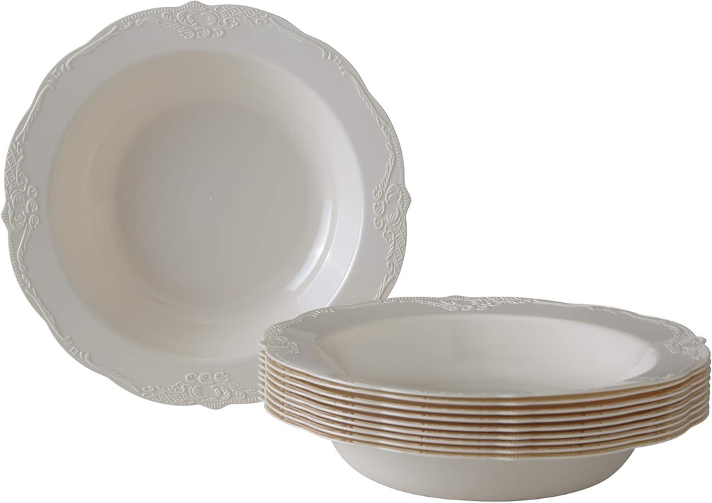 Vintage Design Disposable Soup Plates For Party (10 Pc) Heavy Duty Disposable Dinner Set 12 oz, Fine Dining Plastic Dishes , Elegant China Look, Great for Upscale Wedding, Dining & Serving, Cream
