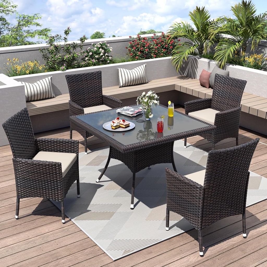 ALAULM 5 Piece Patio Dining Set All-Weather Wicker Outdoor Furniture Set w/Tempered Glass Tabletop, Removable Cushions and Umbrella Hole for Patio, Backyard, Garden, Poolside（Brown）