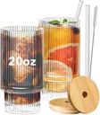 Ribbed Glassware Set of 2, 20oz Origami Style Drinking Glass Cup with Lid and Straw, Iced Coffee, Cocktail, Beer, Juice Stackable Drinking Glasses, Perfect for indoor and outdoor use