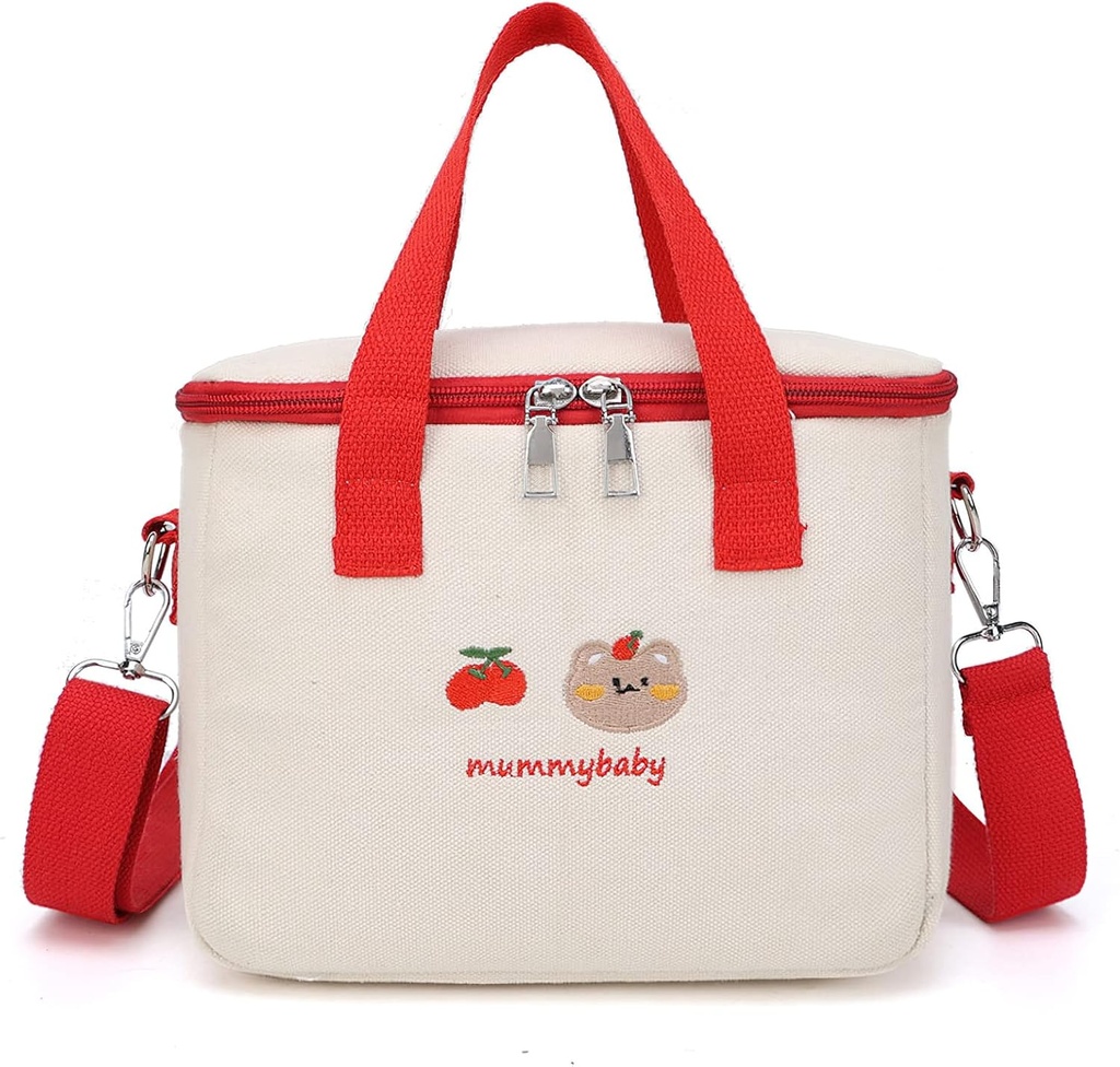 LaurelTree Aesthetic Kawaii Cute Lunch Bag Box with Straps Insulated Waterproof Durable for Women Girls Kids Office School (Red)