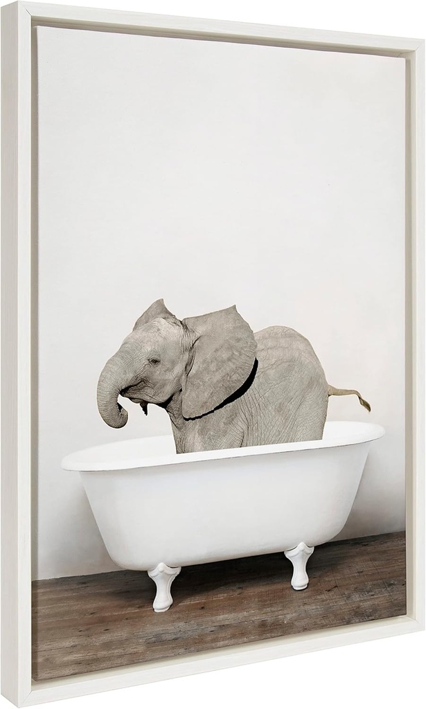 Kate and Laurel Sylvie Baby Elephant in the Tub Color Framed Canvas Wall Art by Amy Peterson Art Studio; 18x24 White; Modern Fun Decorative Bathtub Wall Art for Home Décor