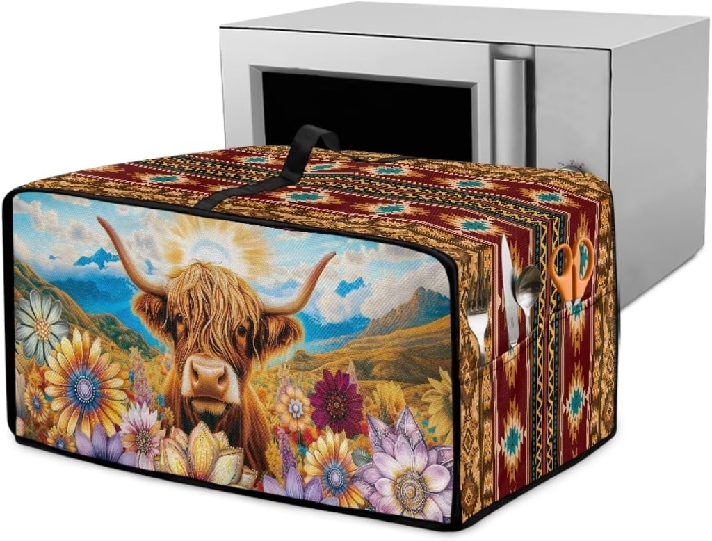 Aztec Sunflower Highland Cattle Printed Toaster Oven Dustproof Cover, Heat Resistant Kitchen Appliance Protector With 2 Accessory Pockets, Machine Washable