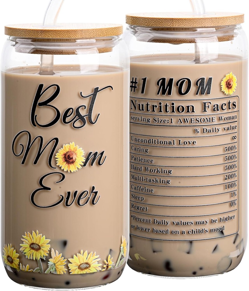 Christmas Gifts for Mom Womem, 16oz Can Glass Cups with Lids and Straws Mom Iced Coffee Cups for Mama Wife New Mother Stepmom on Birthday Xmas Presents