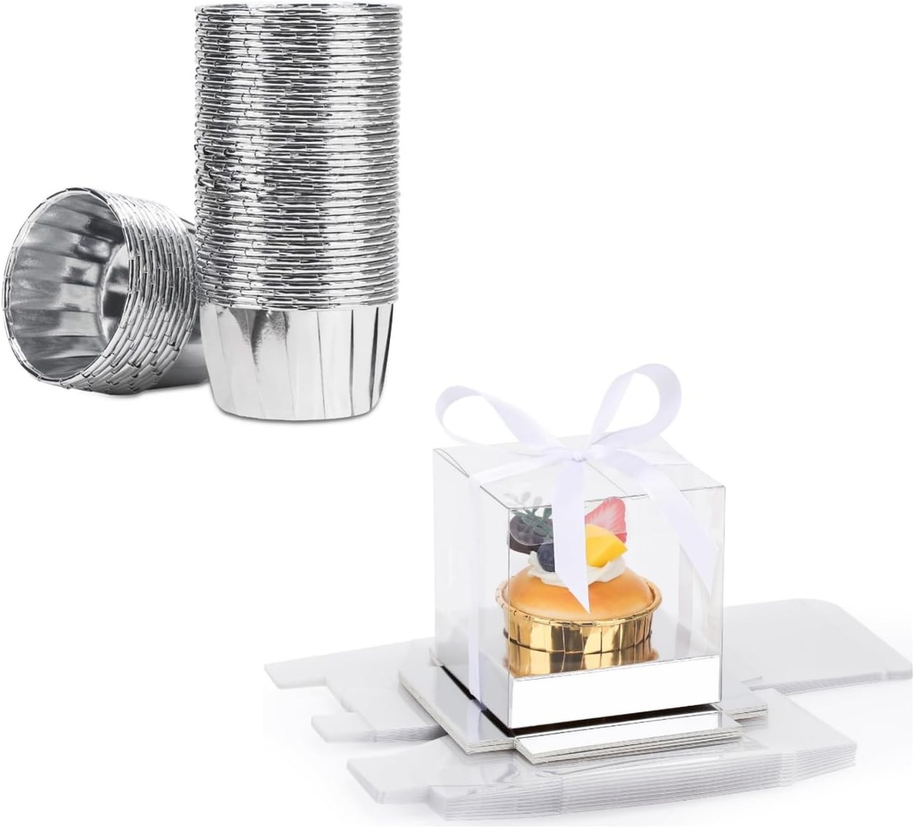EUSOAR 50Pcs Disposable Muffin Liners and 12Pcs 3.5 Inch Clear Cupcake Wrappers, Single Transparent Cupcake Holder Carrier with Ribbon and Inserts for Wedding Party Favor- Silver