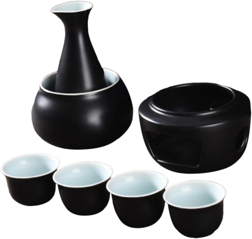 Ceramic Sake Set,Cups with Warmer,Sake Drink,Sake Bottle,Drinkware Creative Traditional Porcelain Pottery for Restaurant Gift, black