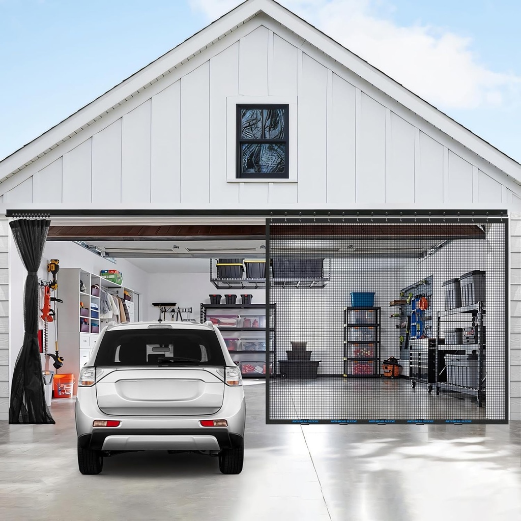 Sliding Garage Door Screen 16x7FT for 2 Car Garage Doors, Magnetic Garage Screen with Track Closure, Retractable Garage Door Screen for Patio, Outdoor, Gym, Crafts Sun House Porch