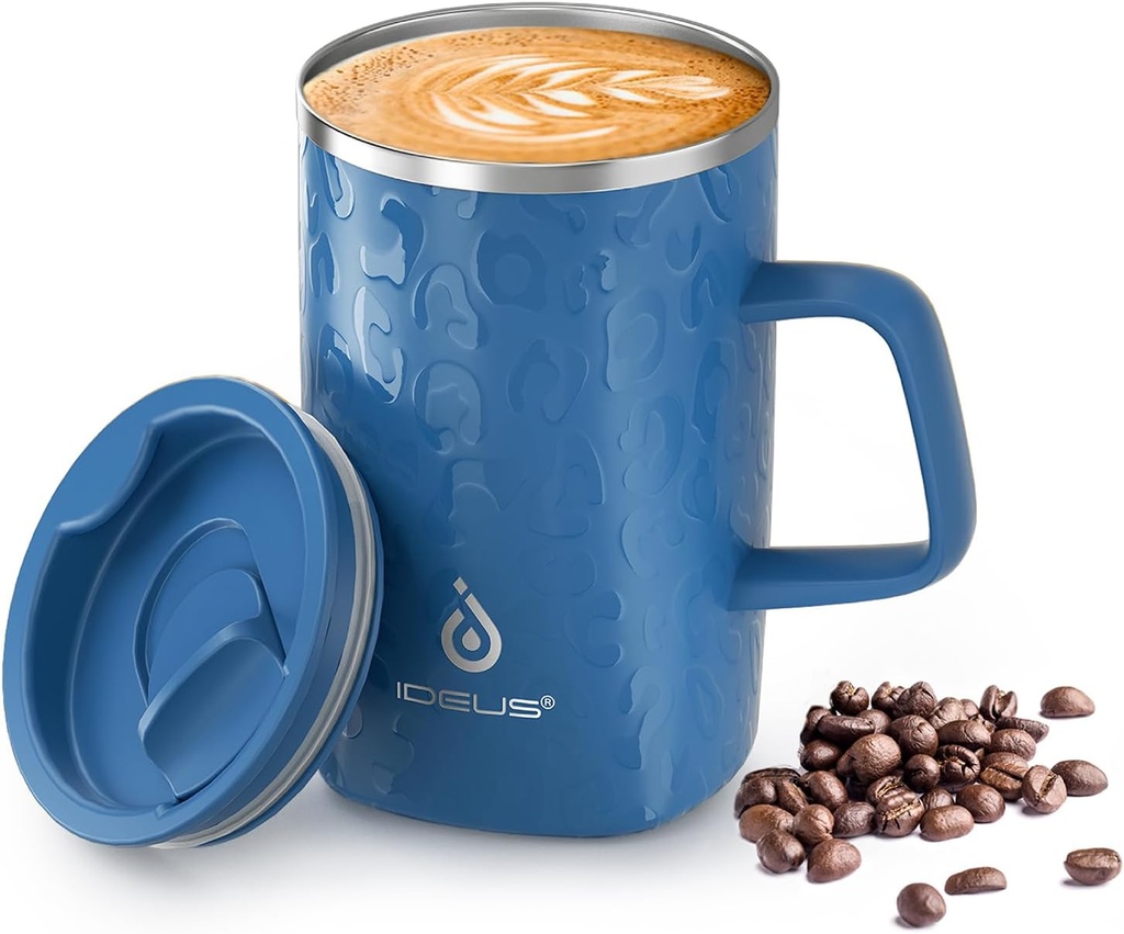 Ideus Vacuum Insulated Coffee Mug, 16oz Reusable Stainless Steel Thermal Double Walled cup with Handle and Slider Lid for Hot & Cold Beverages, BPA Free (Leapord Blue)