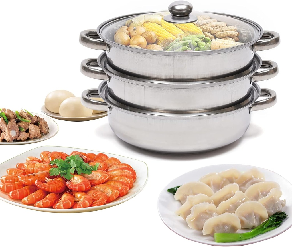 28cm 1 Set 3-Tier Steamer Cooker Steam Pot Set Stainless Steel Kitchen Cookware Stockpot Steamer Cooker Hot Pot+Glass Lid