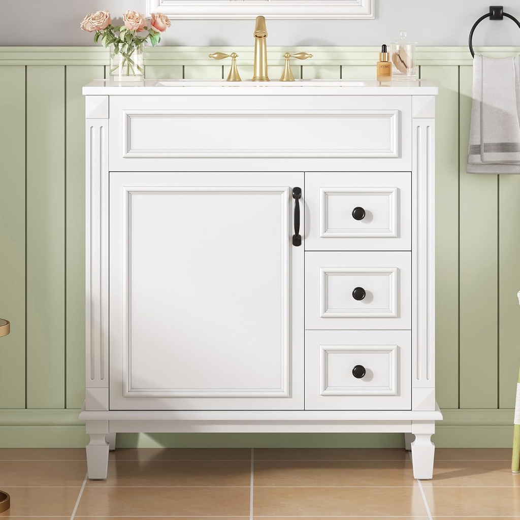 Merax 30" Bathroom Vanity with Sink Combo, Modern Painted Bathroom Cabinet Vanity with 2 Drawers and Storage, Vintage Metal Handle, Ceramic Sink Top, Solid Wood Frame