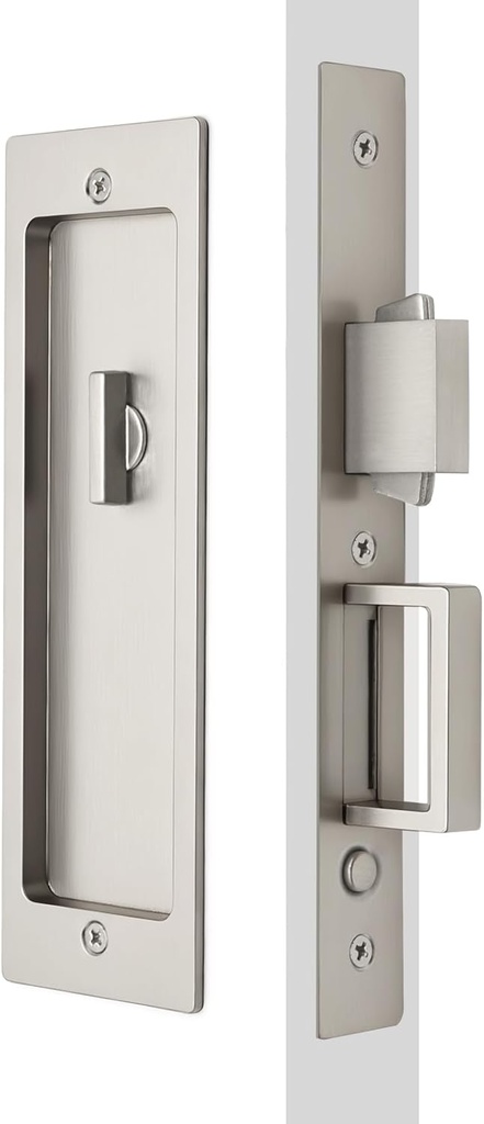 Rectangular Privacy Pocket Door Mortise Lock and Edge Pull, Narrow Modern Sliding Door Pop-Up Handle, (Bed/Bath) Pull Latch, Recessed Hardware for 1 3/8” to 2 3/16” Thickness Door (Brushed Nickel)