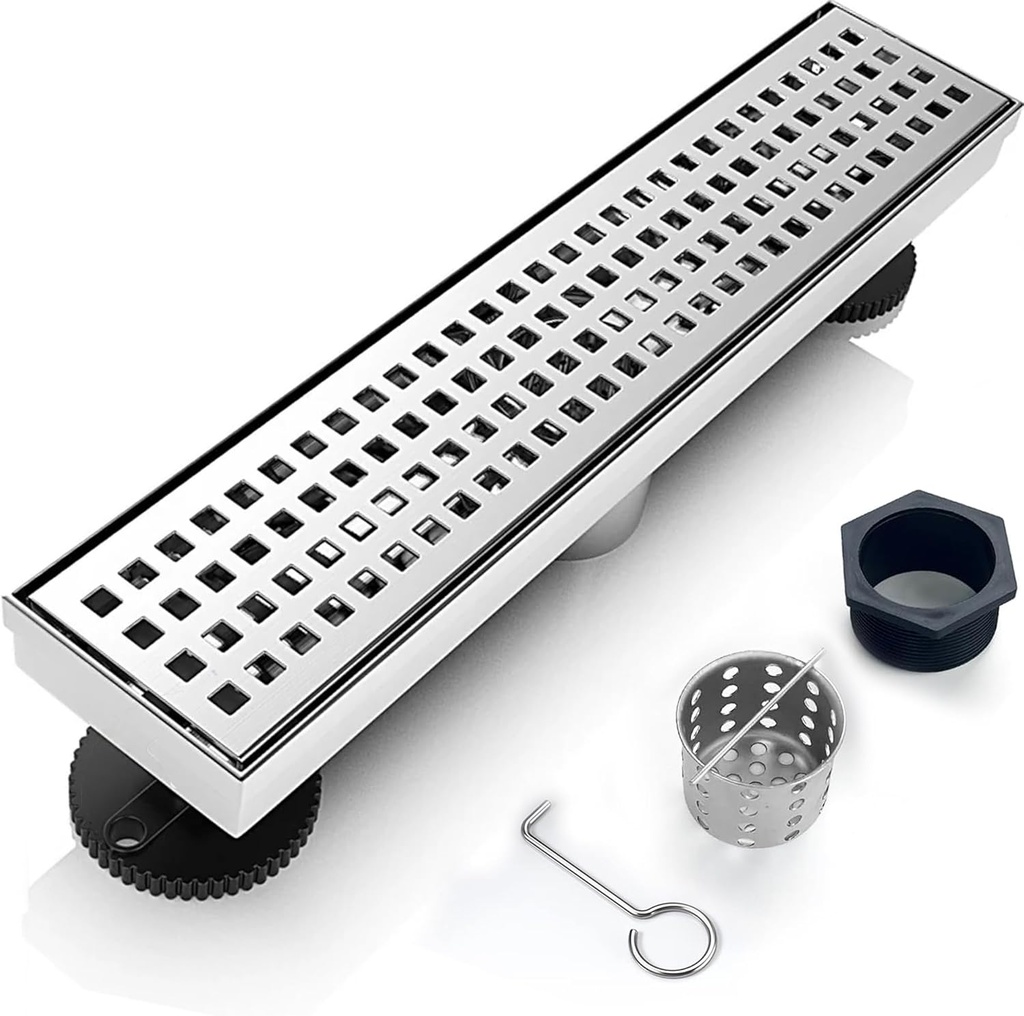 12 Inch Removable Cover Linear Shower Drain 304 Stainless Steel Rectangular Floor Drain for Kitchen Bathroom Square Hole Pattern Drain with Accessories Hair Strainer Adjustable Leveling Feet (Silver)
