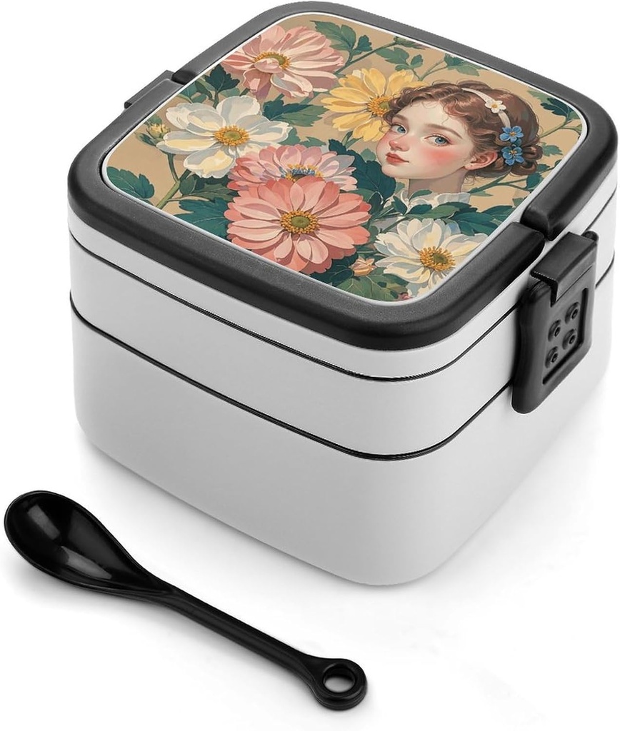 Double Layer Bento Box for Adults Daisy's Flowers Print Stackable Bento Box Removable Lunch Boxes for Dining Out,Work