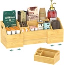EsLuker.ly Coffee Station Organizer Countertop, Bamboo Extendable Coffee Bar Caddy Condiment Storage, Pods Holder for Home Office, Kitchen Area Nook for Accessories Organizer