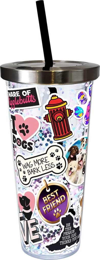 Spoontiques - Glitter Filled Acrylic Tumbler - Glitter Cup with Straw - 20 oz - Stainless Steel Locking Lid with Straw - Double Wall Insulated - BPA Free - Dog Sticker Art