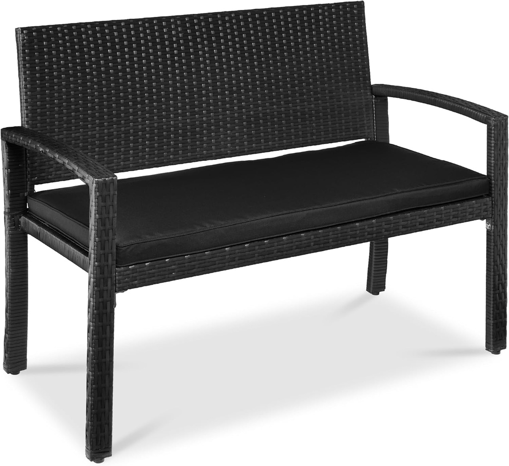 Best Choice Products Outdoor Bench 2-Person Wicker Garden Patio Benches Seating Furniture for Backyard, Porch w/Seat Cushion, 700lb Capacity - Black/Black