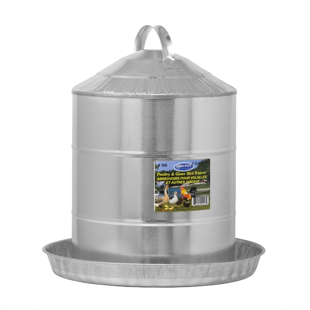 FARM-TUFF Galvanized Poultry Waterer, 5 Gallon Capacity - Double-Wall Poultry Fountain with Cone Top - Automatic Gravity-Fed Water Dispenser for Chickens, Ducks & Game Birds