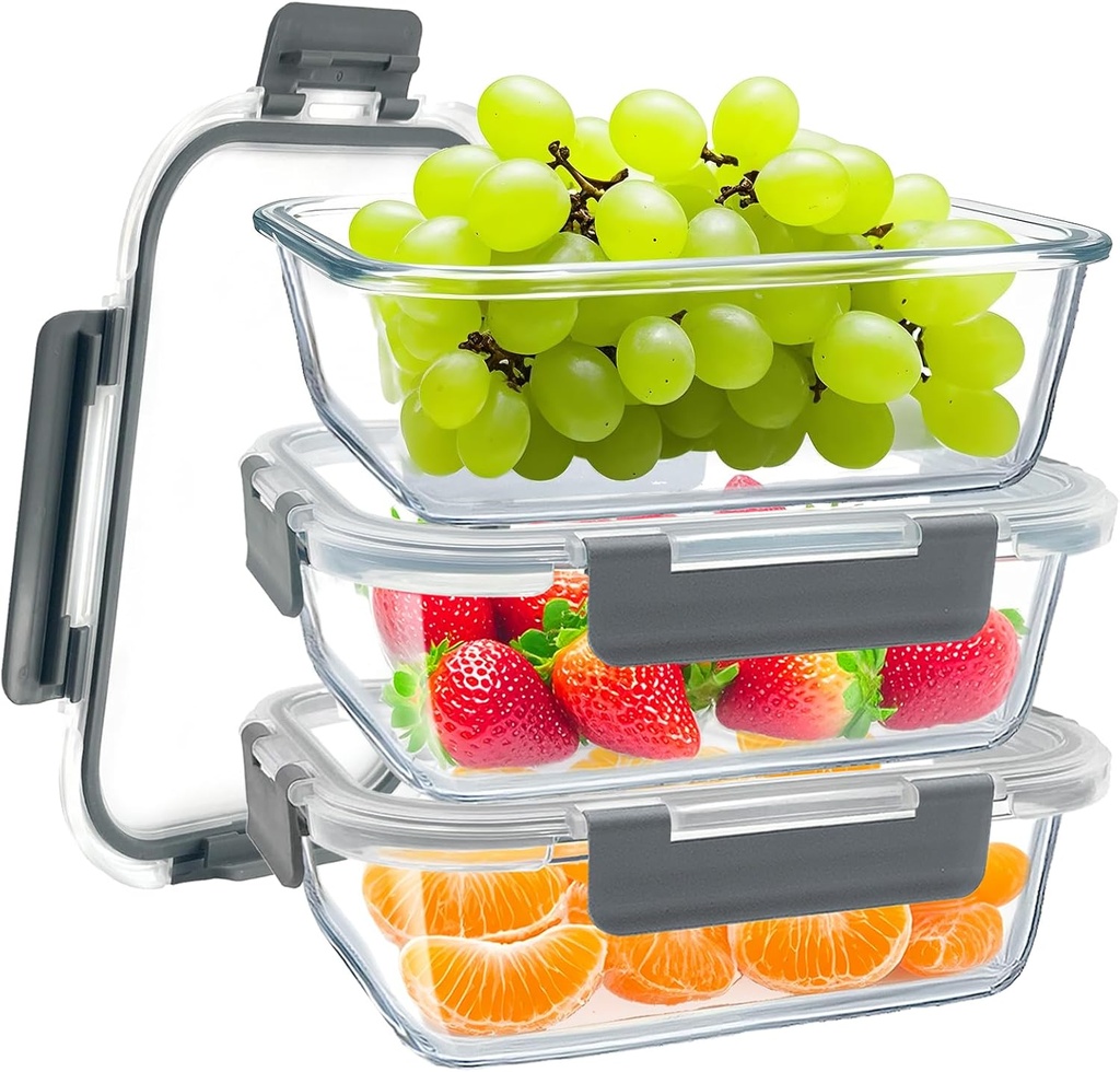 3 Pack 36oz Glass Meal Prep Containers with Lids Airtight BPA Free, Leak Proof, Stackable Glass Food Storage Containers, Microwave, Oven, Freezer and Dishwasher Safe