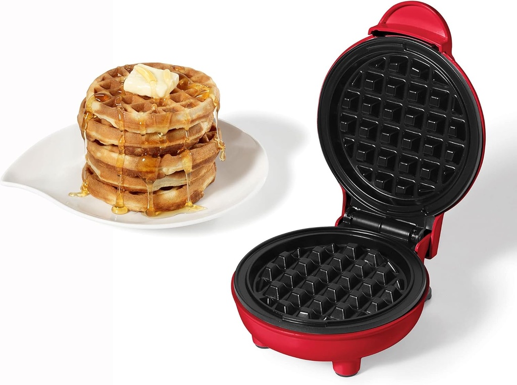 Starfrit Electric Mini Waffle Maker 4" Non-Stick Cooking Surface Easy to Use & Clean 350W, Red