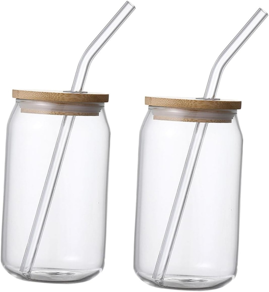 Luxshiny 2pcs Glass Juice Cups with Lids and Straws Iced Tea Beverage Tumblers for Home and Restaurant Use Stylish Flat Bottomed Drinking Glass