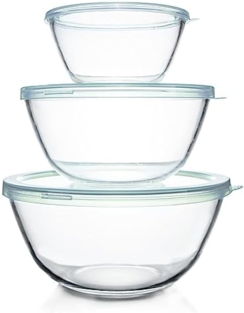 Luvan Glass Mixing Bowls with Lids Set(4.5QT, 2.7QT, 1.1QT)-Large Glass Mixing Bowls, Clear Salad Bowl for Baking, Cooking, Serving, Food Prep, 3PC Nesting Bowls for Kitchen Storage & Dishwasher Safe