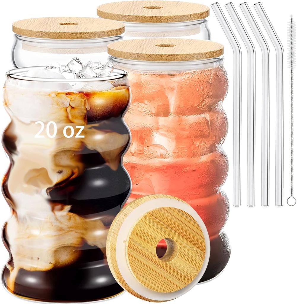 4 Pcs 20oz Drinking Glasses Set with Bamboo Lids and Straws, Cute Iced Coffee Glass Cups, Iced Coffee Tumblers, Thick Drinking Jars for Smoothie, Boba Milk Tea, Ideal for Gift, with Straw Brush