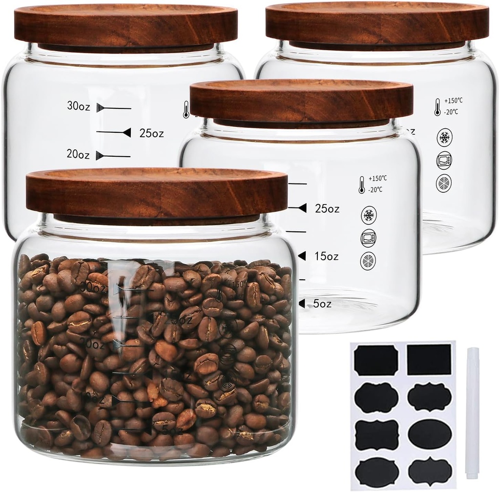 Glass Jars,Set of 4 Glass Food Storage Containers with Wooden Lids,Clear Glass Canister Sets for Sugar,Tea,Coffee,Snack,Spice,Herbs(33 oz/ 1000 ml)