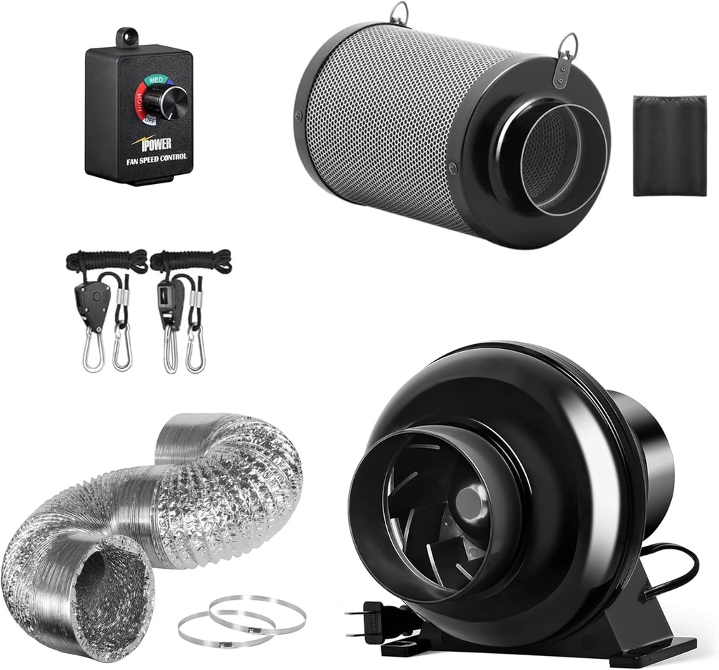 HealSmart 4" Inline Duct Fan 195 CFM, Carbon Filter & 8 Feet Ducting, Rope Hanger, Speed Controller, Ventilation System for Grow Tent Air Circulation