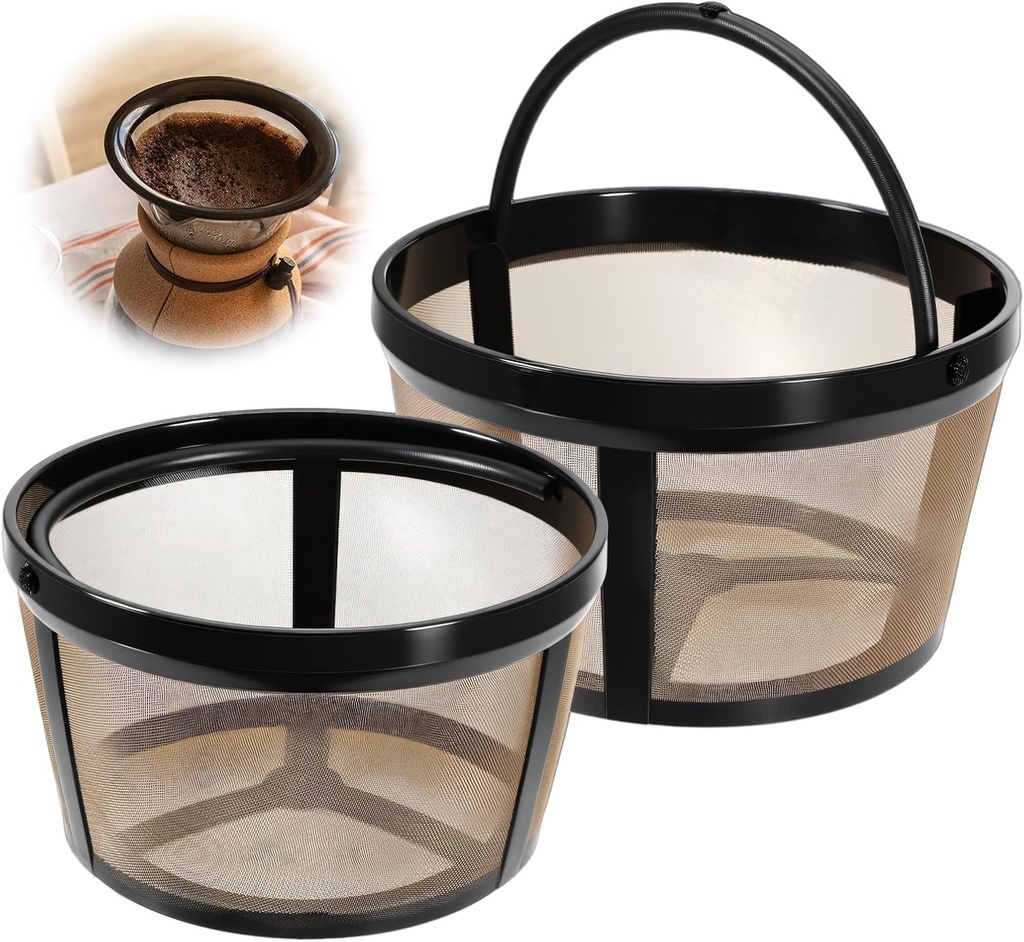 2Pcs Reusable Coffee Filter Basket for 4-5 Cup Coffee Makers, Gold Mesh Coffee Filter with Handle for Mr. Coffee, Black+Decker, and Most 4-5 Cup Basket-Style Brewers
