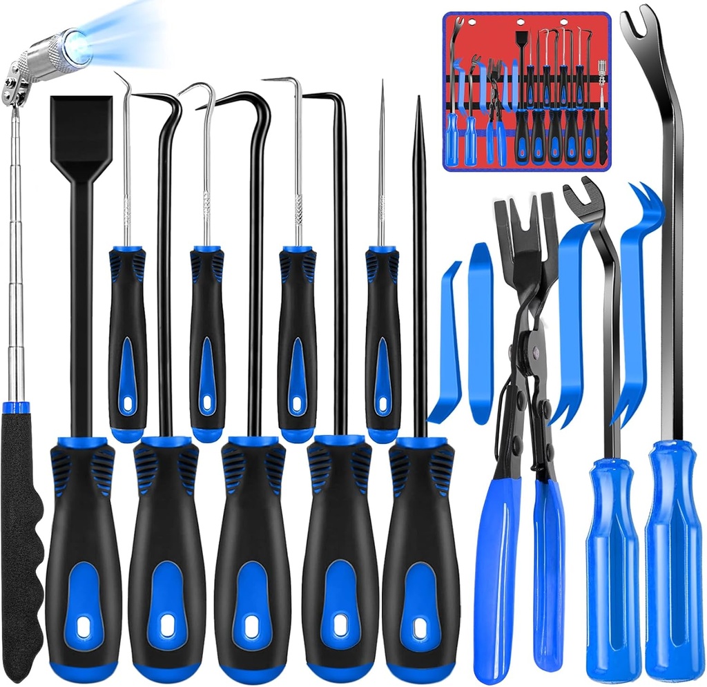 Keze 17 Pcs Hook and Pick Set Auto Trim Removal Tool Kit,Clip Plier Remover Tool Gasket Scraper Telescoping Magnetic Pickup Tool for Automotive Repair and Car Body Door Panel Fastener Removal
