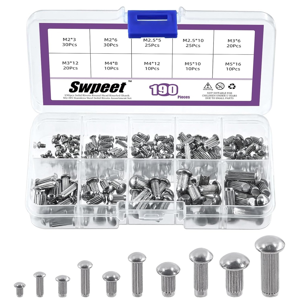 Swpeet 190Pcs M2 M2.5 M3 M4 M5 Solid 304 Stainless Steel Brazier Head Rivets Assortment Kit, Half Round Head Solid Knurled Rivets, Aluminum Rivet Solid Rivets for Repairing Boat, Aircraft
