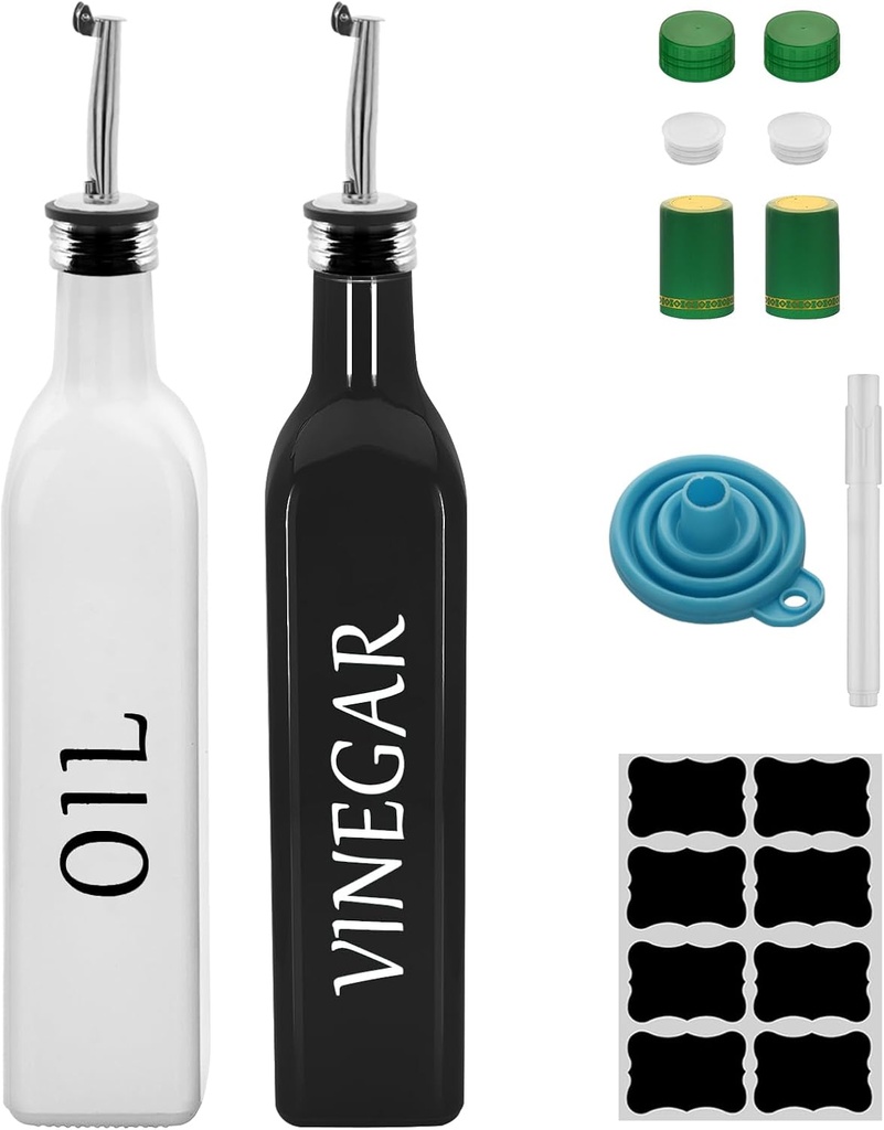 White & Black Olive Oil Dispenser Bottle,2 Pcs 17oz 500ml Glass Oil and Vinegar Dispenser Set with 2 Stainless Steel Pourers, 8 Labels,Funnel Oil Bottles for Kitchen