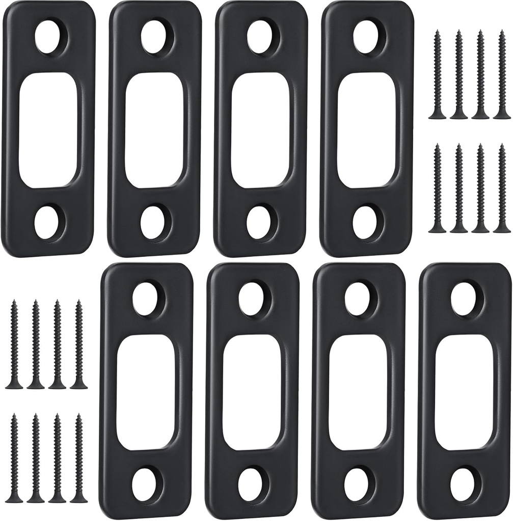 Blulu 8 Pcs 1" x 2-1/4" Door Deadbolt Strike Plate Carbon Steel Round Corner Door Backplate Heavy Duty Strike Plate with 16 Pcs Screws for Home Office Residential Use, Matte Black