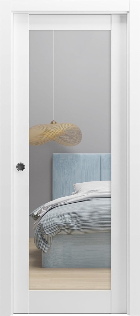 SARTODOORS Lucia 1299 | Interior French Single Pocket Door with Mirror, Wooden, 36x80, White, Modern Style | Hardware Included
