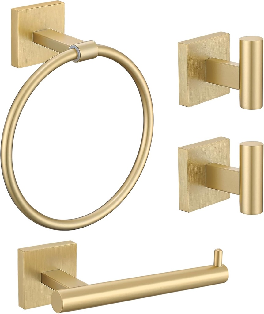 Towel Ring Set 4 Piece Bathroom Hardware Set Includes Towel Ring 2 Towel Hooks and Toilet Paper Holder Stainless Steel Wall Mounted (Brushed Gold)