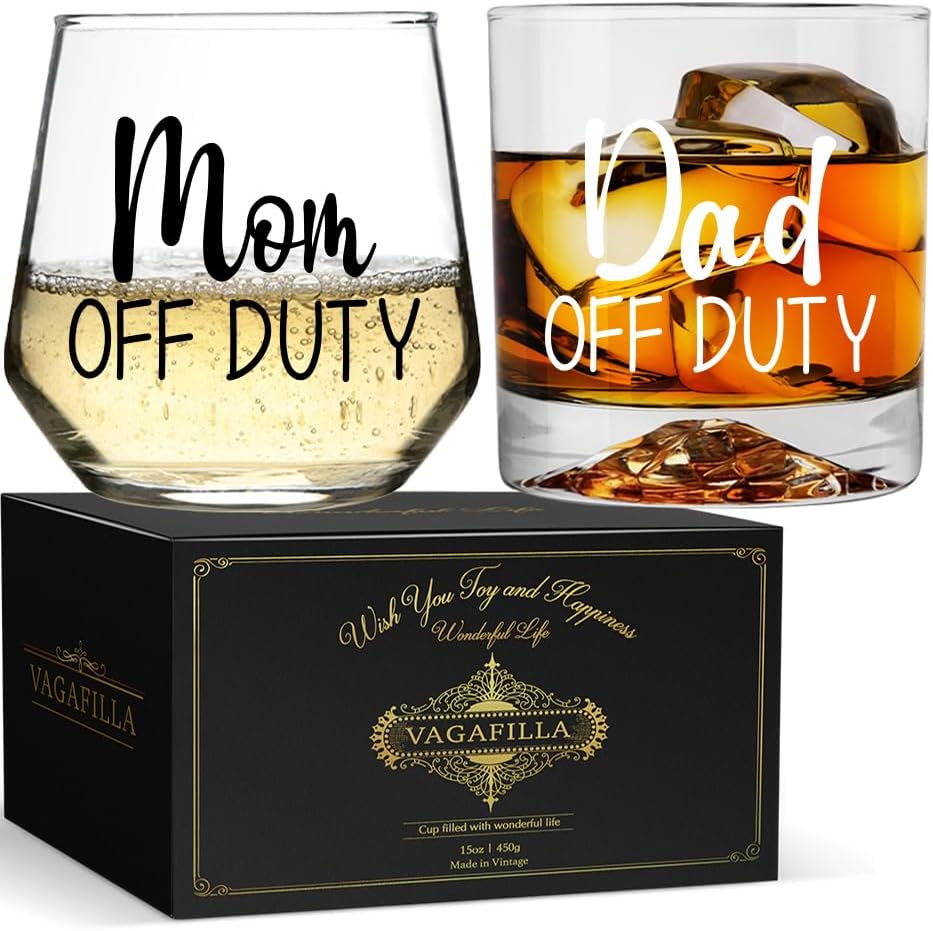 Mom Dad Off Duty Stemless Wine & Ice Tip Mountain Whiskey Glass Gift Set 15oz, New Parents Gifts First Time Parents, Mom Dad Gifts for Mother Day Father Day Birthday Valentine's Day-26