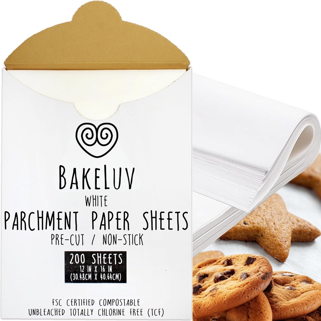 BAKELUV White Parchment Paper Sheets 12x16” | 200 Pcs | Non-Stick Precut Parchment Paper for Baking Sheets, Baking Paper, Unbleached Cookie Sheets, Wax Paper | Oven, Air Fryer, Grilling, Freezer