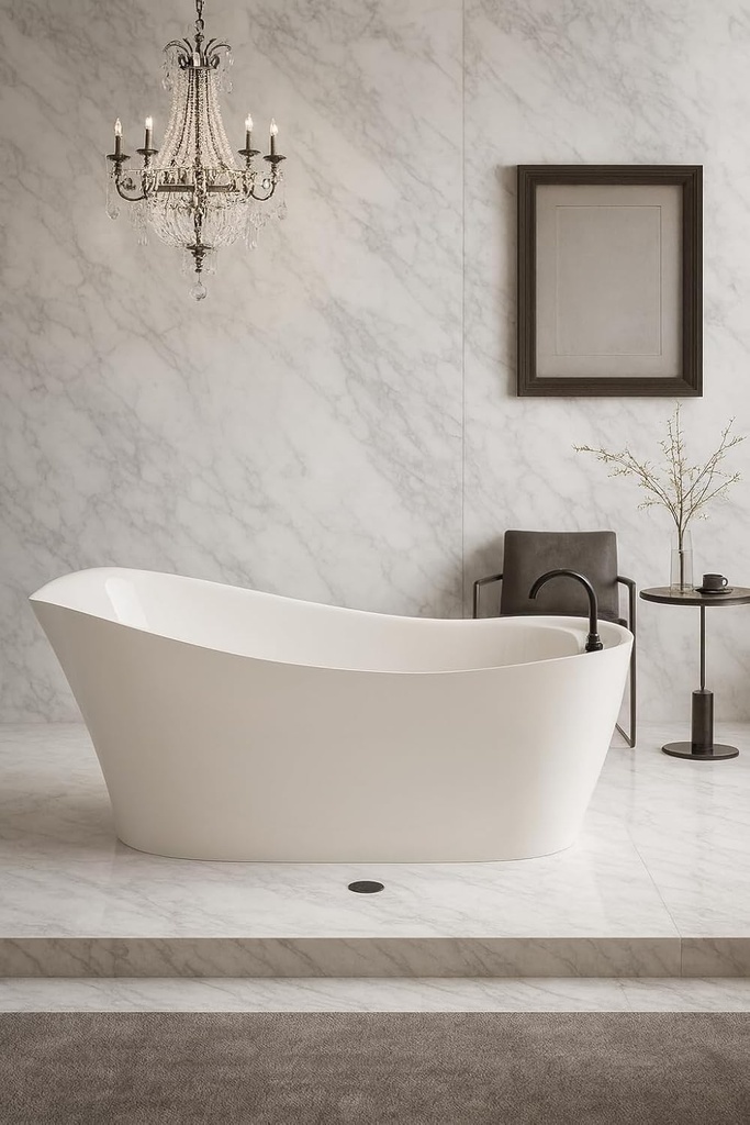 Carver Tubs - Serenity II 69" - Acrylic Freestanding Soaking Bathtub - Chrome Drain with White Modern Curved Slipper Oval Acrylic Fiberglass Tub - Chrome End Drain - 69"L x 33.5"W x 28.75"H