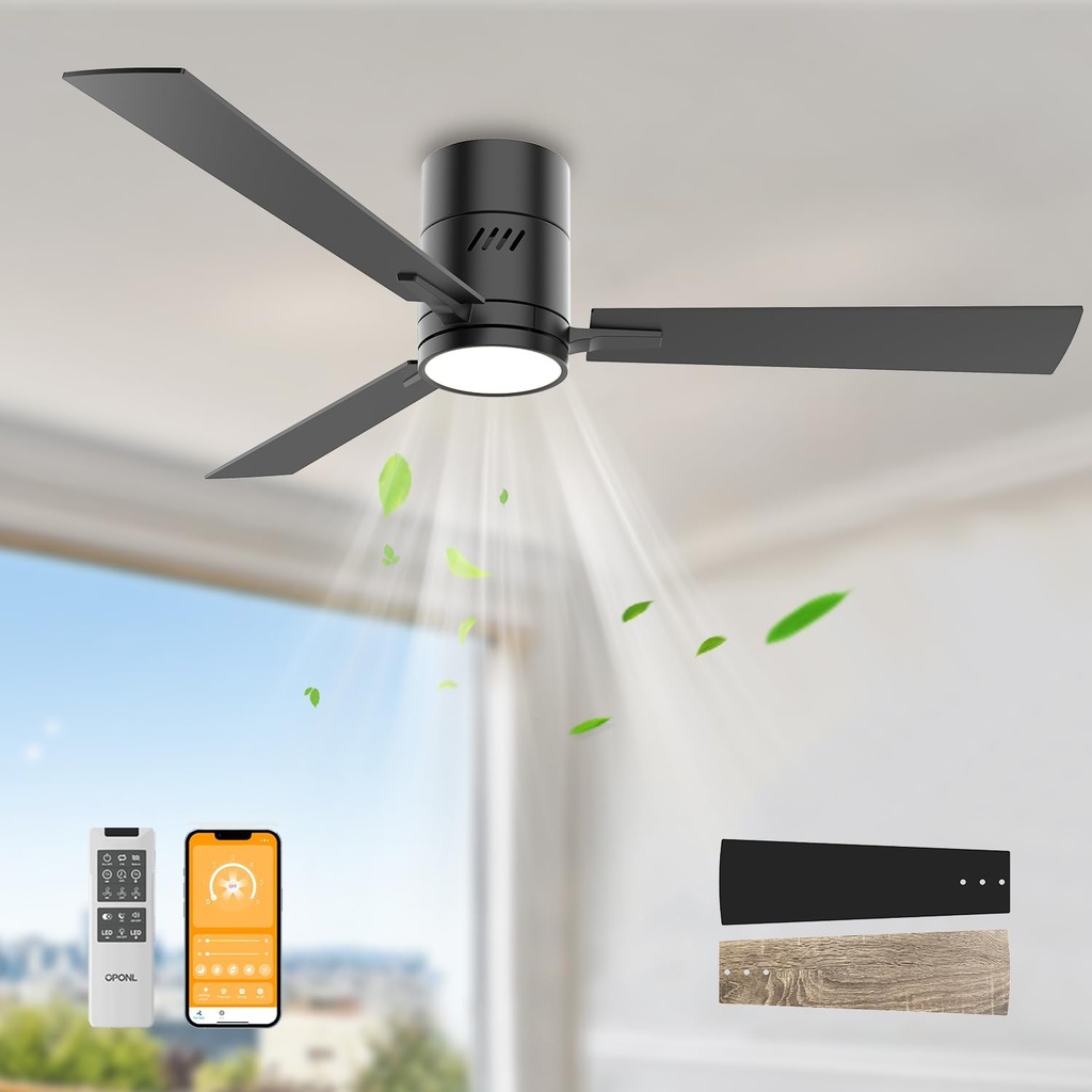 Black 52 inch Ceiling Fan with Light, Remote Control, Flush Mount, Noiseless, Reversible, 6CCT, Dimmable, 6 speeds, Timeable, Low Profile Ceiling Fan with Light for Bedroom, indoor/outdoor
