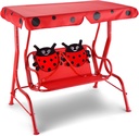 GLACER Porch Swing, Kids Patio Hammock w/Adjustable Canopy & Stand, Safety Belt, 2 Seats Outdoor Swing Bench, Metal Frame Hanging Lounge Chair, Swing Sets for Backyard, Garden, Poolside (Red Ladybug)