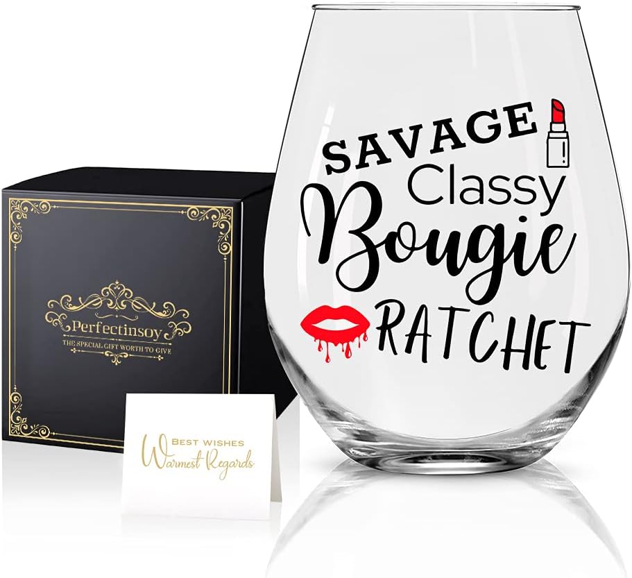 Perfectinsoy Funny Ratchet Stemless Wine Glass with Gift Box - Savage Classy Bougie Ratchet, Xmas Glass Gifts for Women Mom Aunt Girlfriend Lady Wife- Bestfriend Birthday Gifts for Women Sister Friend