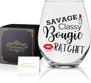 Perfectinsoy Funny Ratchet Stemless Wine Glass with Gift Box - Savage Classy Bougie Ratchet, Xmas Glass Gifts for Women Mom Aunt Girlfriend Lady Wife- Bestfriend Birthday Gifts for Women Sister Friend