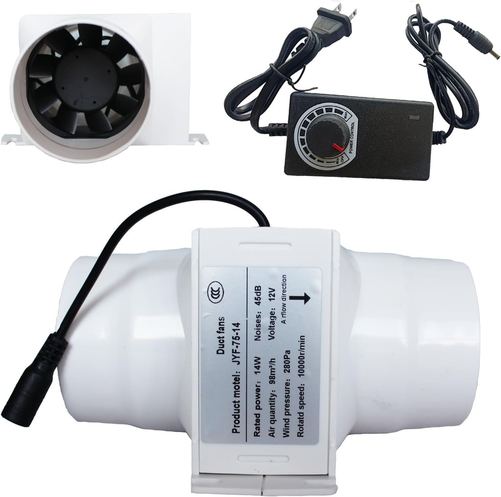 12V Inline Fan Fan 14W 3-Inch Plastic Extractor Conduit Duct Duct Circulation Fan for Water Source Technology Ventilation Tent(Adjustable speed)