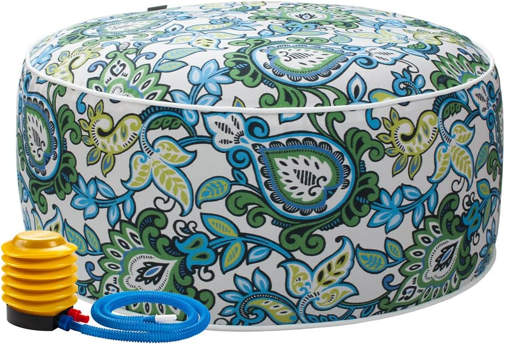 Magpie Fabrics Indoor/Outdoor Inflatable Stool Ottoman Pouf, Water Repellent Round Footrest Footstool with Foot Pump D20 xH9, Portable for Patio Garden Travel Camping or Home, Floral Blue Green